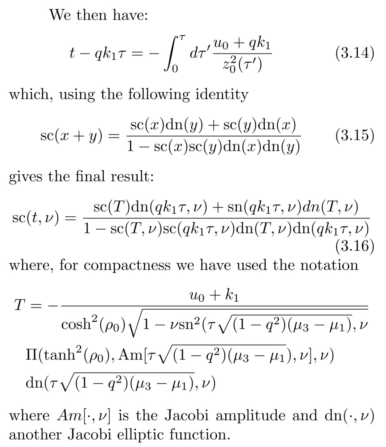 Excerpt from the MSc thesis: equations 3.14 to 3.16, which give the final solution for the pulsating string in terms of Jacobi elliptic functions